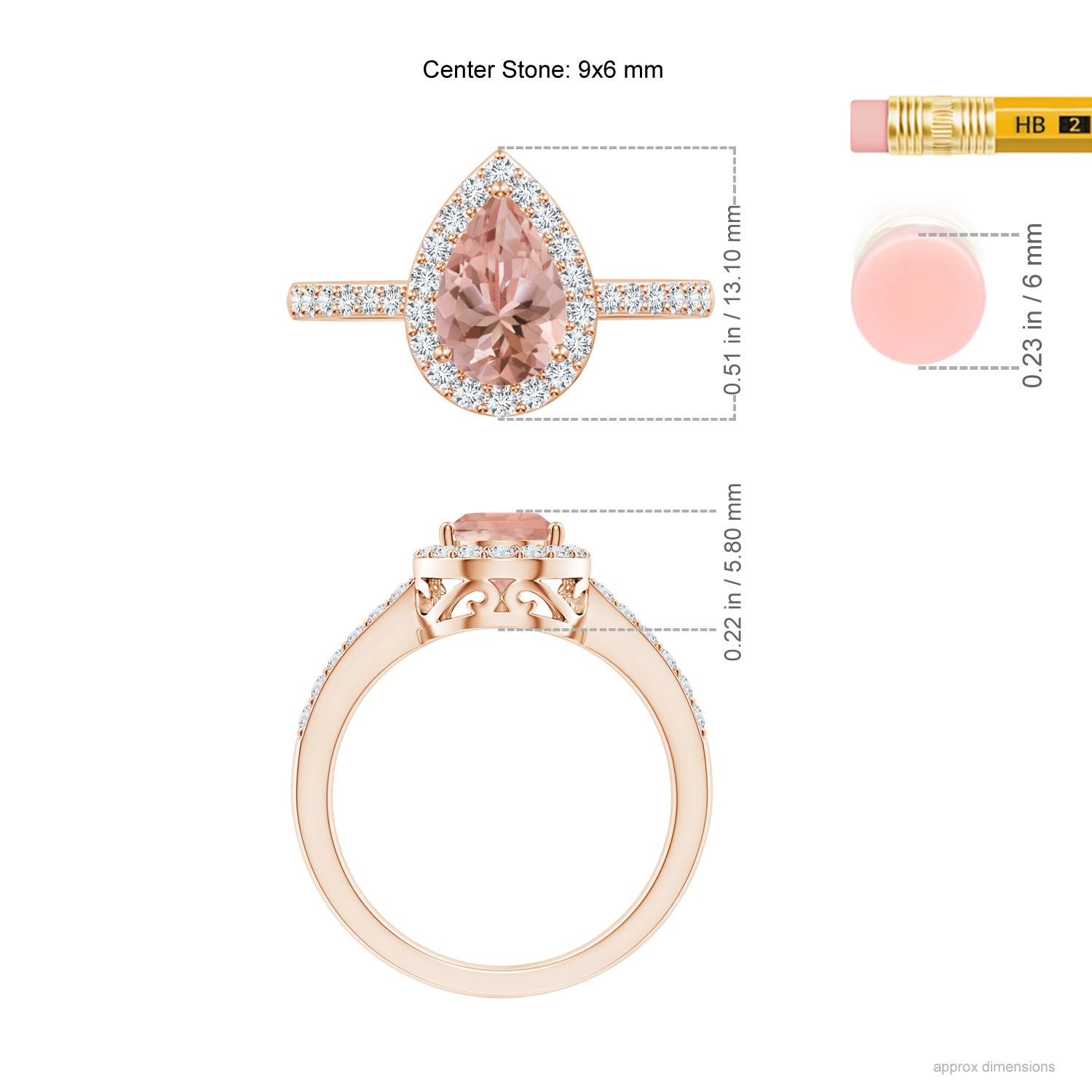 9x6mm AAAA Prong-Set Pear Morganite Ring with Diamond Halo in Rose Gold - ruler