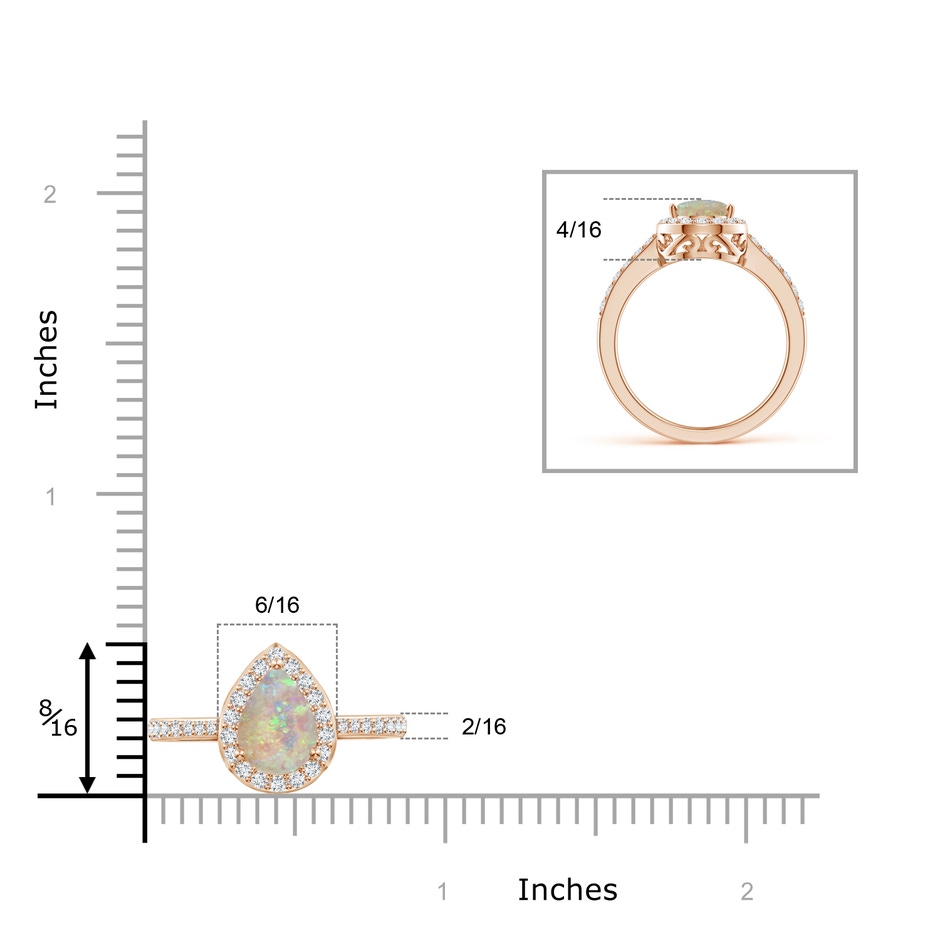 9x6mm AAAA Pear Opal Ring with Diamond Halo in Rose Gold ruler