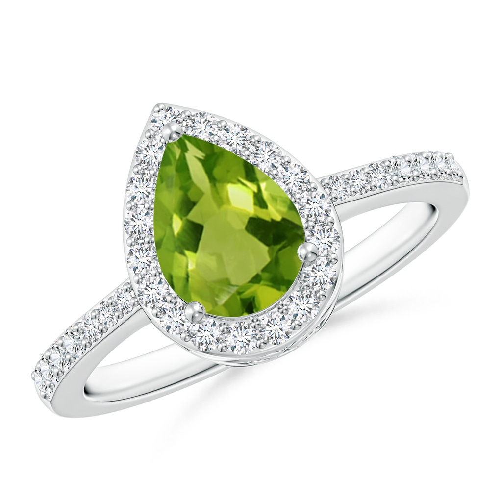 8x6mm AAAA Pear Peridot Ring with Diamond Halo in P950 Platinum