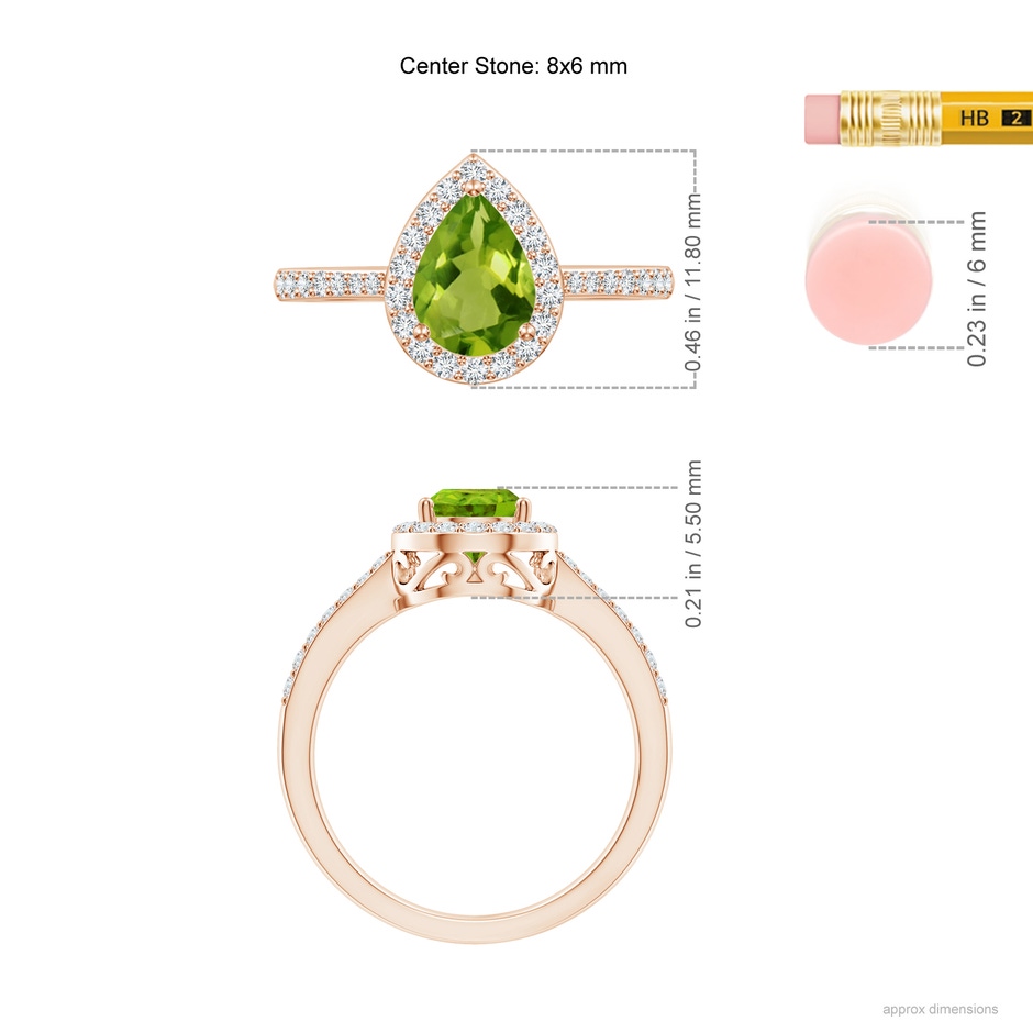 8x6mm AAAA Pear Peridot Ring with Diamond Halo in Rose Gold ruler