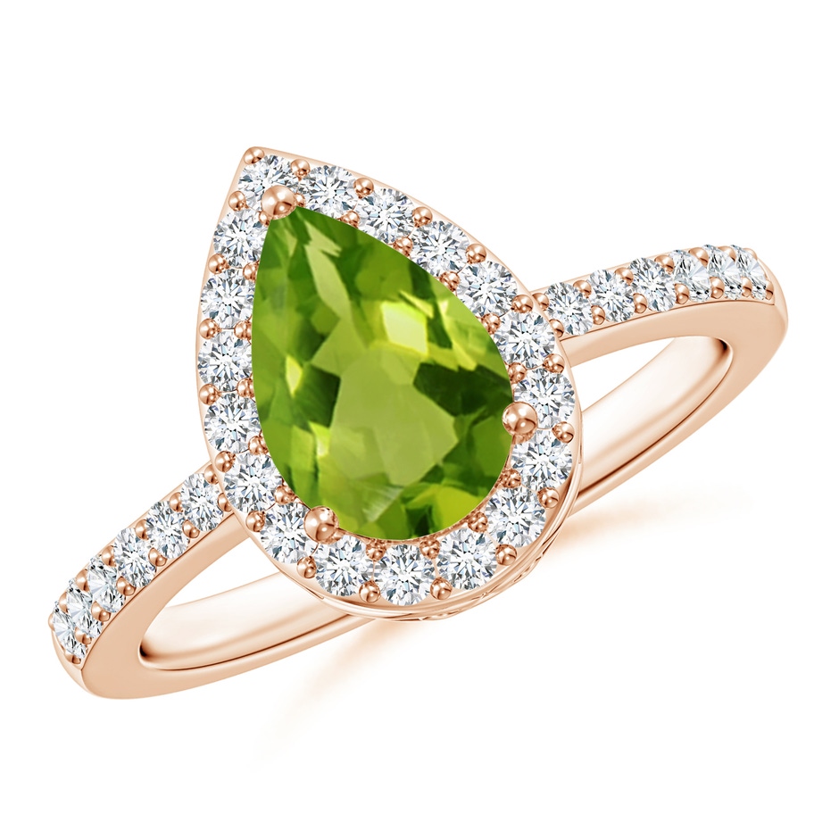 9x6mm AAAA Pear Peridot Ring with Diamond Halo in Rose Gold 