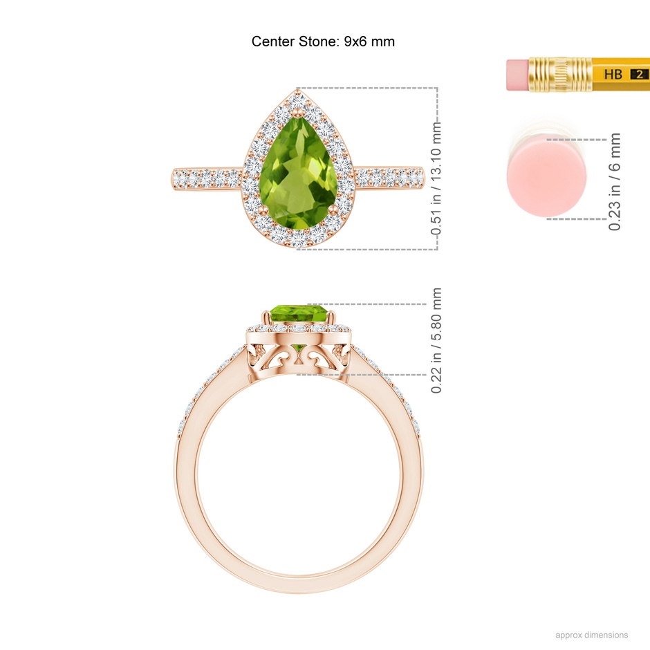 9x6mm AAAA Pear Peridot Ring with Diamond Halo in Rose Gold ruler