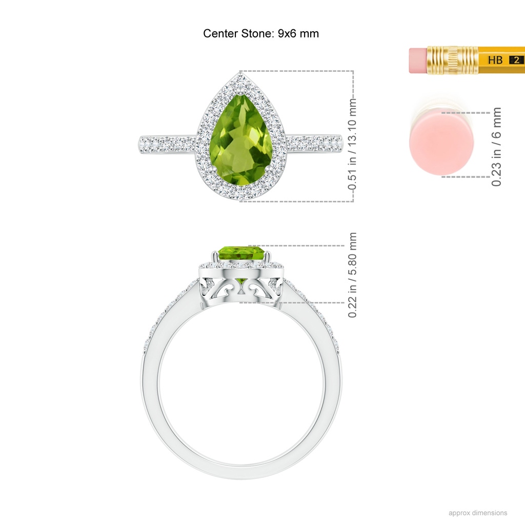 9x6mm AAAA Pear Peridot Ring with Diamond Halo in White Gold Ruler