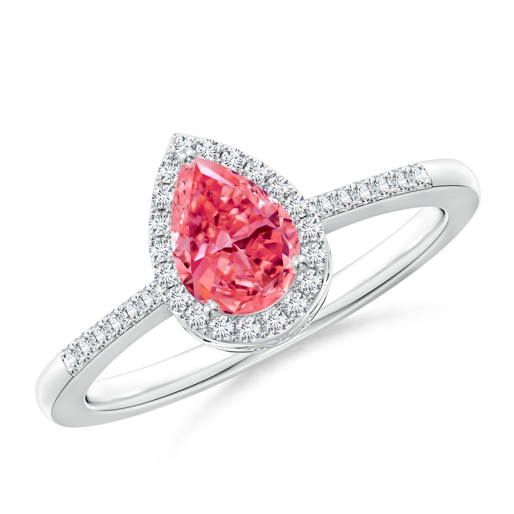 7x5mm AAAA Pear Fancy Intense Pink Diamond Ring with Halo in P950 Platinum