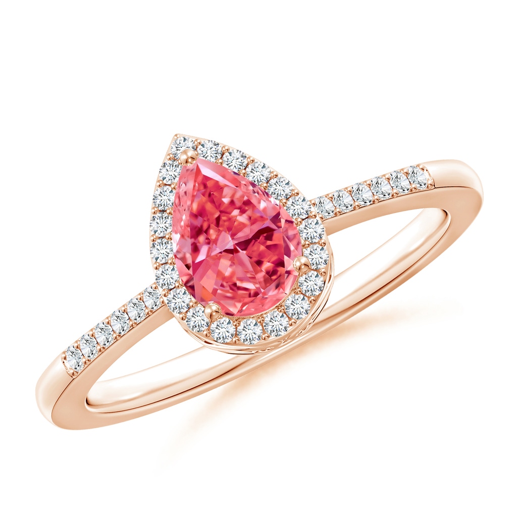 7x5mm AAAA Pear Fancy Intense Pink Diamond Ring with Halo in Rose Gold