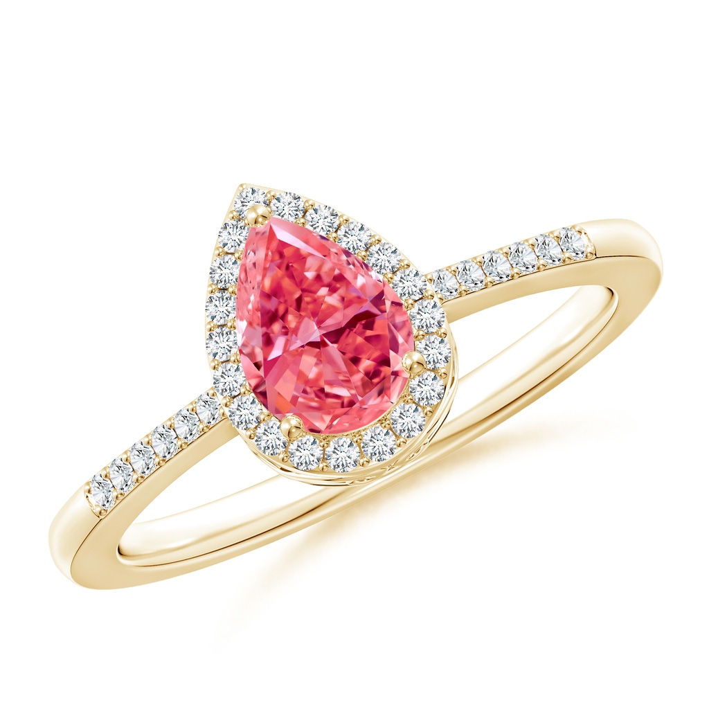 7x5mm AAAA Pear Fancy Intense Pink Diamond Ring with Halo in Yellow Gold