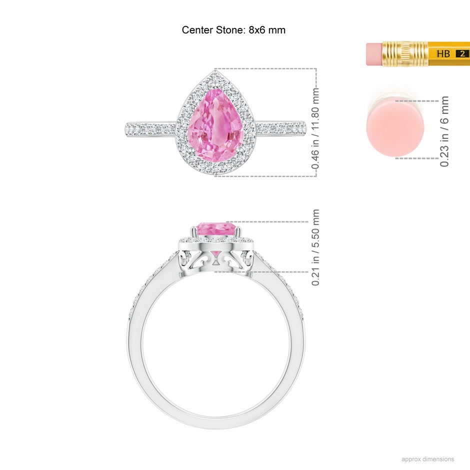 8x6mm A Pear Pink Sapphire Ring with Diamond Halo in P950 Platinum ruler