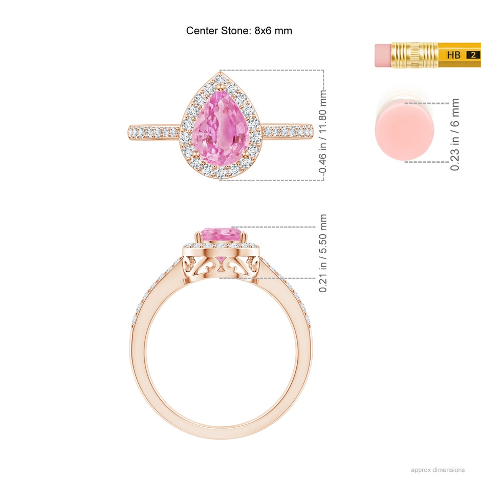 8x6mm A Pear Pink Sapphire Ring with Diamond Halo in Rose Gold ruler
