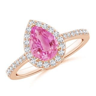 8x6mm AA Pear Pink Sapphire Ring with Diamond Halo in Rose Gold