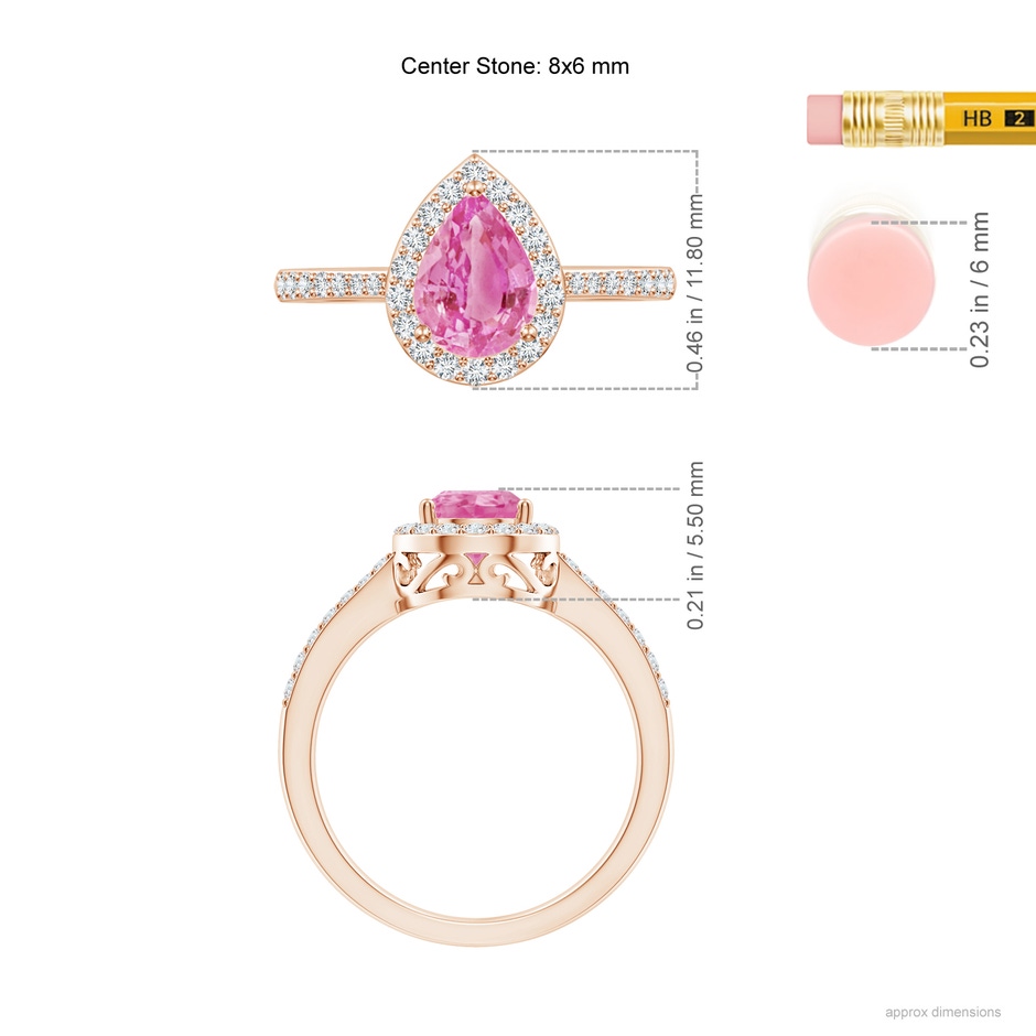 8x6mm AA Pear Pink Sapphire Ring with Diamond Halo in Rose Gold ruler