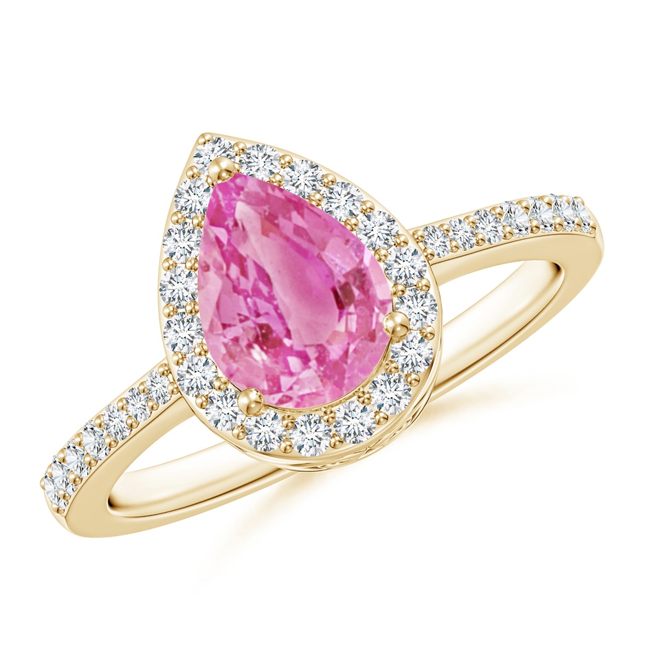 8x6mm AA Pear Pink Sapphire Ring with Diamond Halo in Yellow Gold 