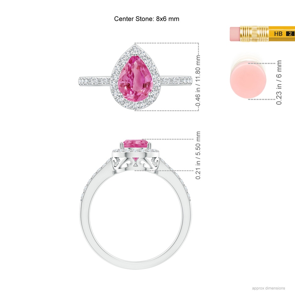 8x6mm AAA Pear Pink Sapphire Ring with Diamond Halo in White Gold ruler