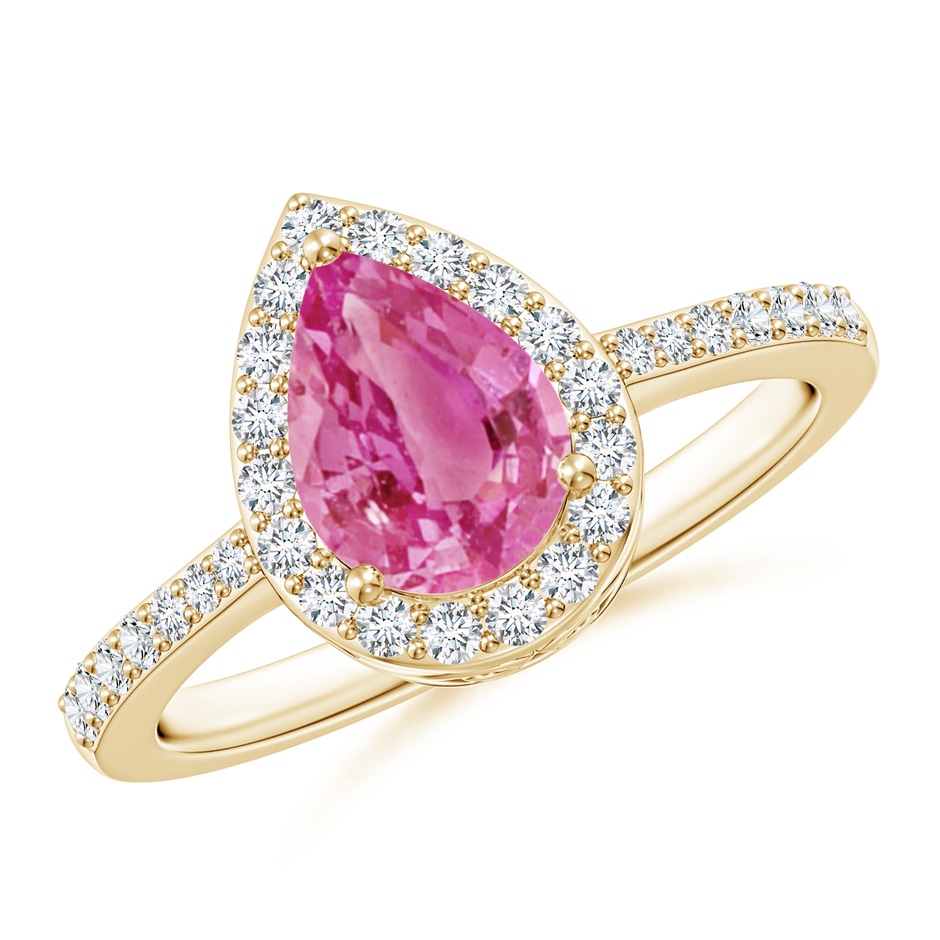 8x6mm AAA Pear Pink Sapphire Ring with Diamond Halo in Yellow Gold 