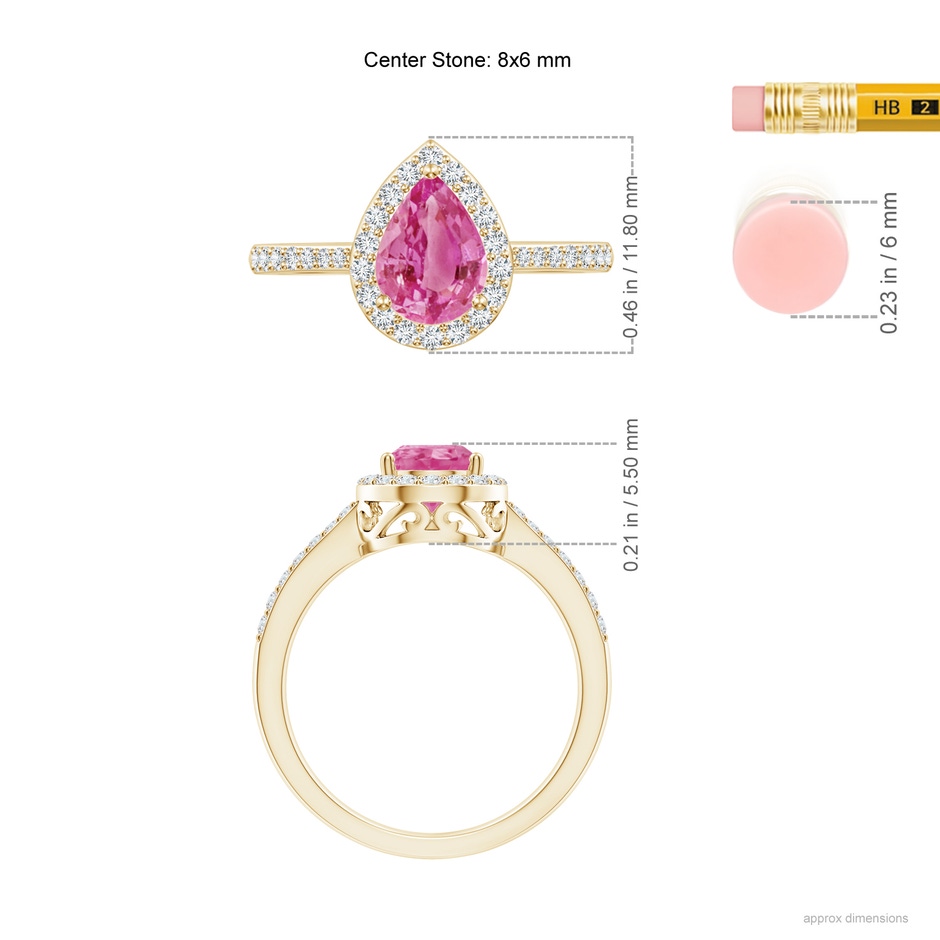 8x6mm AAA Pear Pink Sapphire Ring with Diamond Halo in Yellow Gold ruler