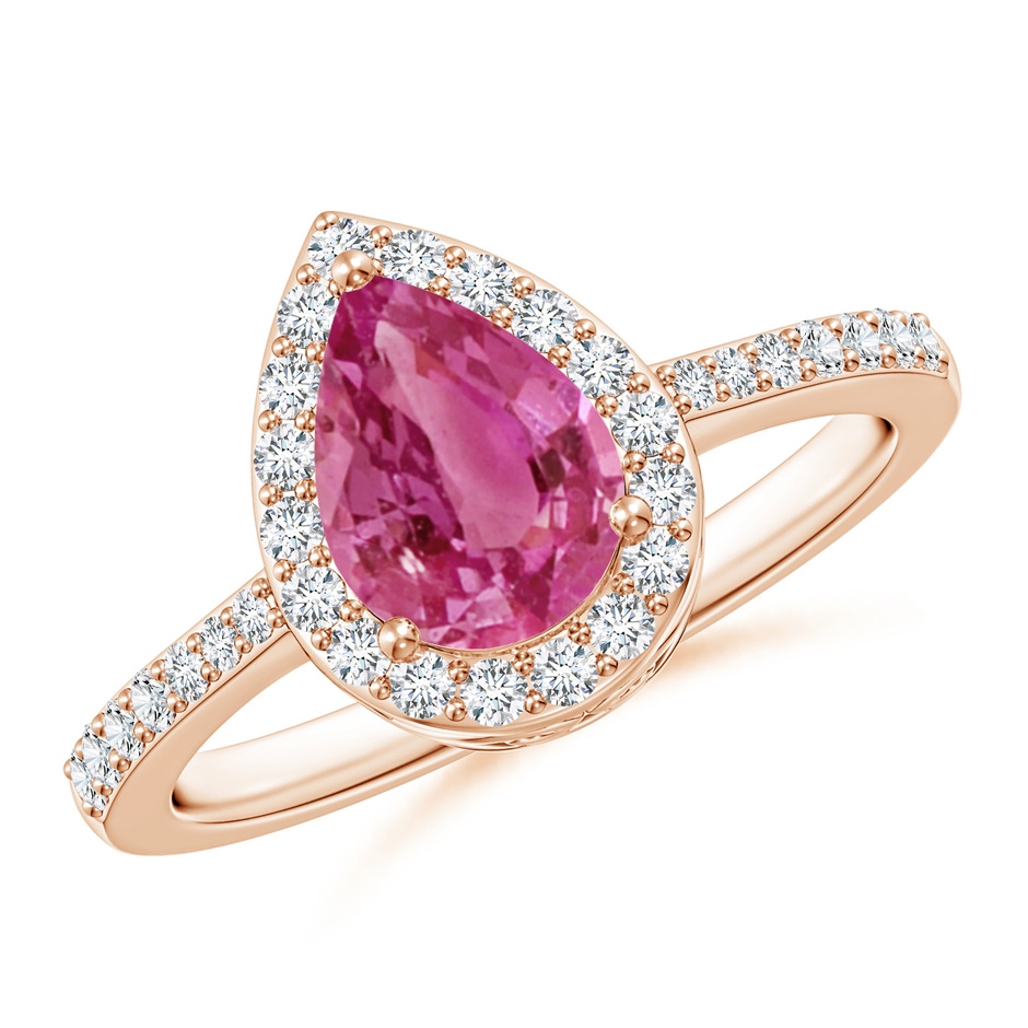 8x6mm AAAA Pear Pink Sapphire Ring with Diamond Halo in Rose Gold 