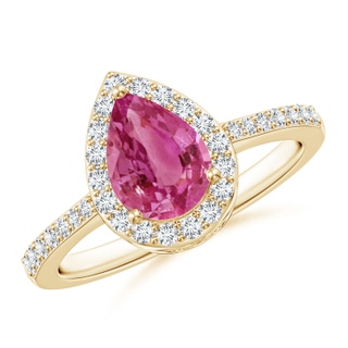 8x6mm AAAA Pear Pink Sapphire Ring with Diamond Halo in Yellow Gold