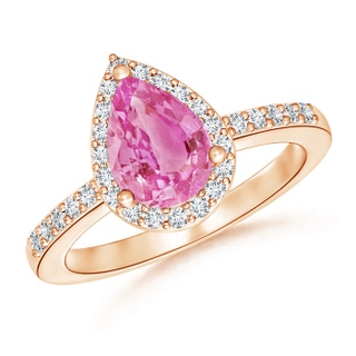 9x6mm AA Pear Pink Sapphire Ring with Diamond Halo in 9K Rose Gold