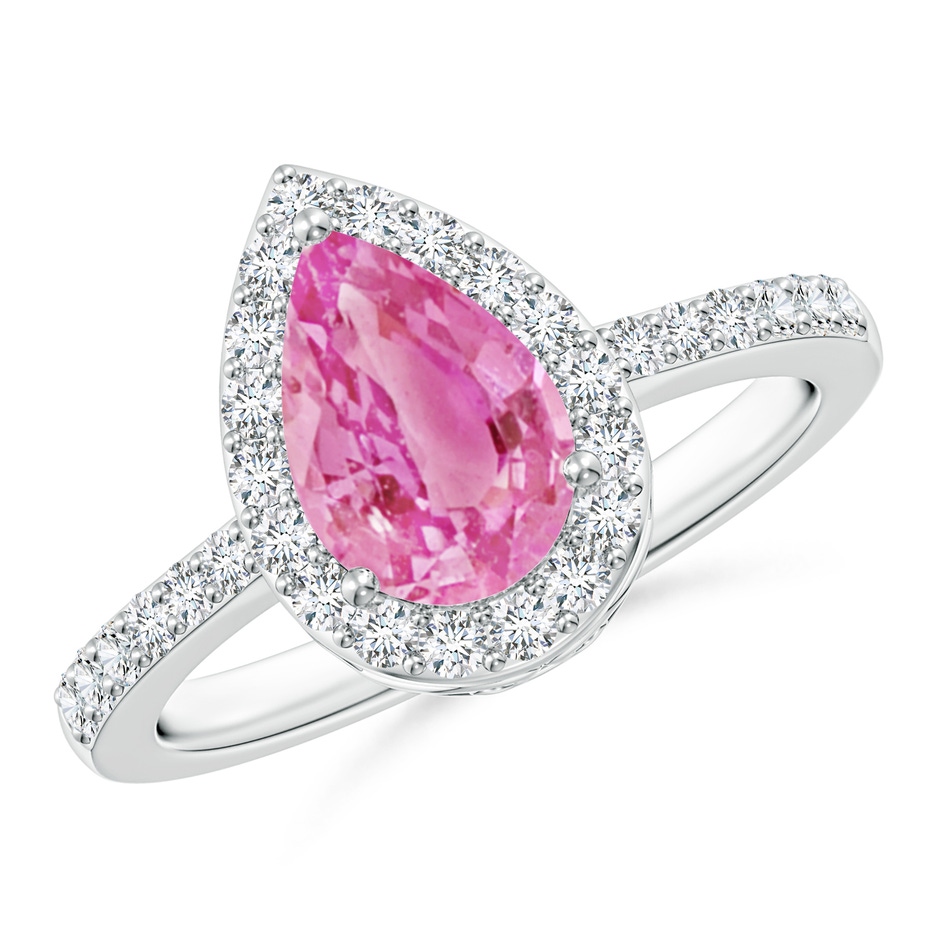 9x6mm AA Pear Pink Sapphire Ring with Diamond Halo in White Gold 