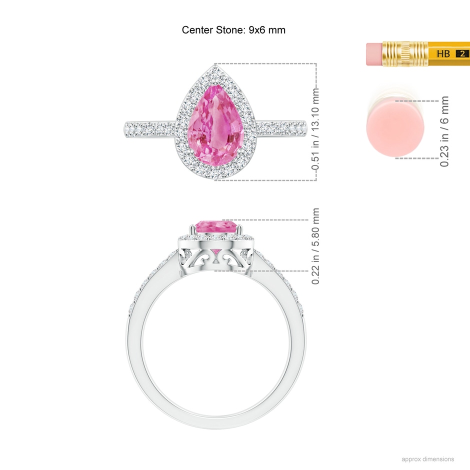 9x6mm AA Pear Pink Sapphire Ring with Diamond Halo in White Gold ruler