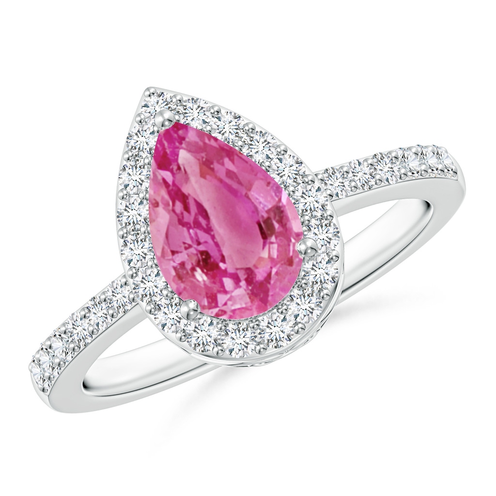 9x6mm AAA Pear Pink Sapphire Ring with Diamond Halo in White Gold