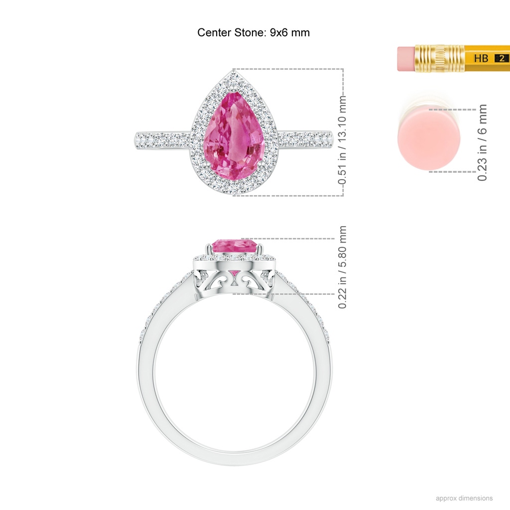 9x6mm AAA Pear Pink Sapphire Ring with Diamond Halo in White Gold Ruler