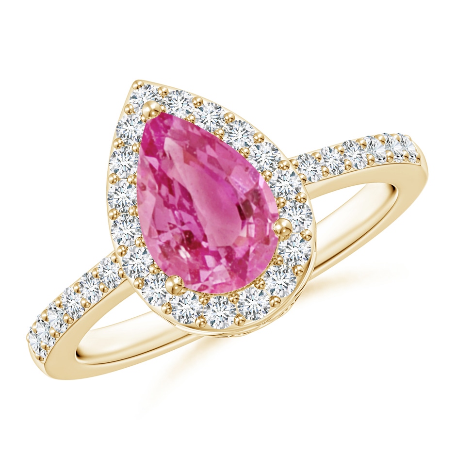 9x6mm AAA Pear Pink Sapphire Ring with Diamond Halo in Yellow Gold 