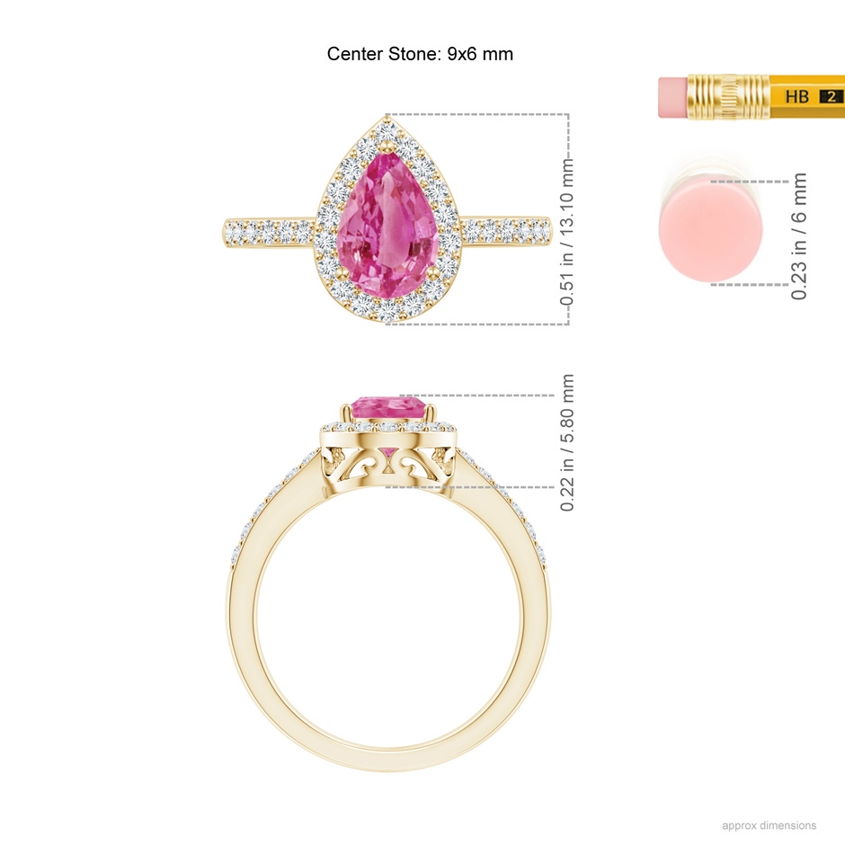 9x6mm AAA Pear Pink Sapphire Ring with Diamond Halo in Yellow Gold ruler