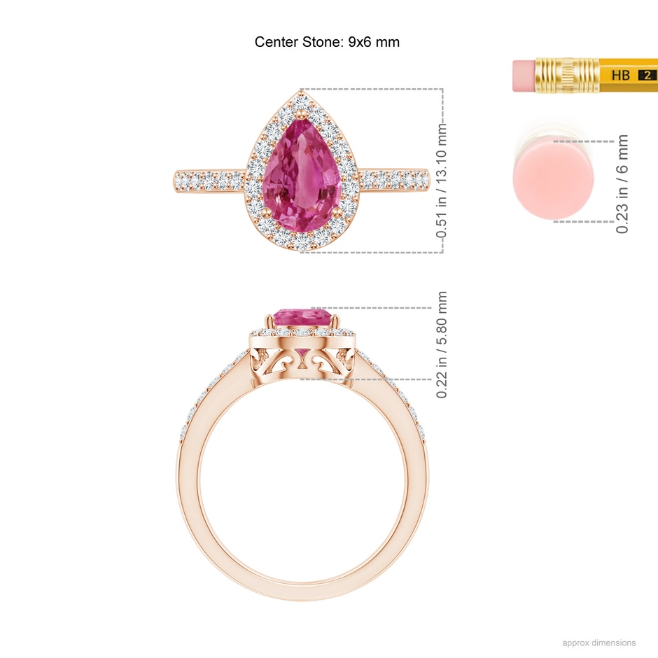9x6mm AAAA Pear Pink Sapphire Ring with Diamond Halo in Rose Gold ruler