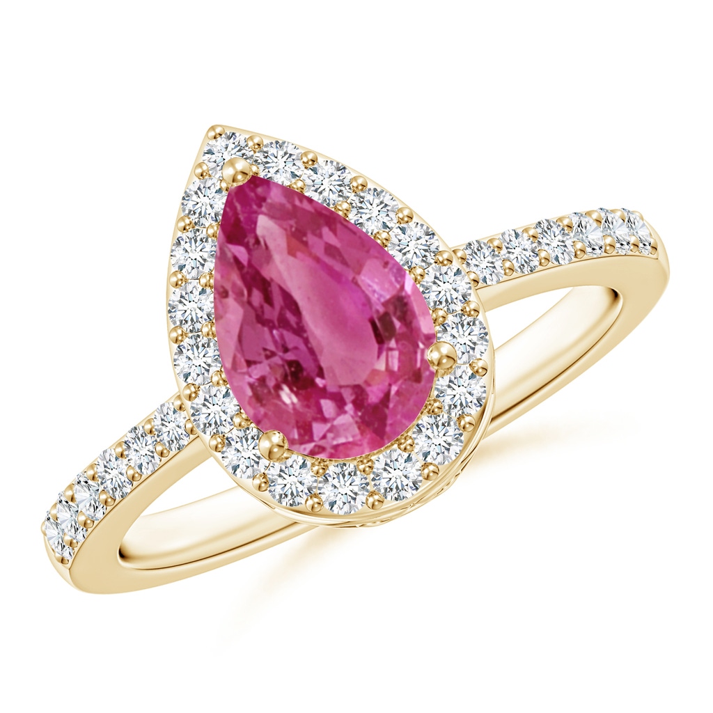 9x6mm AAAA Pear Pink Sapphire Ring with Diamond Halo in Yellow Gold