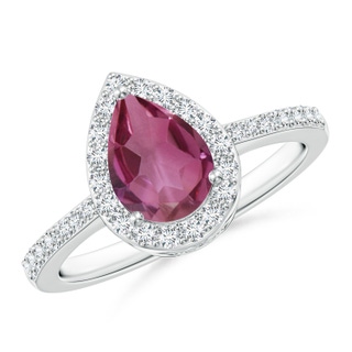 8x6mm AAAA Pear Pink Tourmaline Ring with Diamond Halo in P950 Platinum