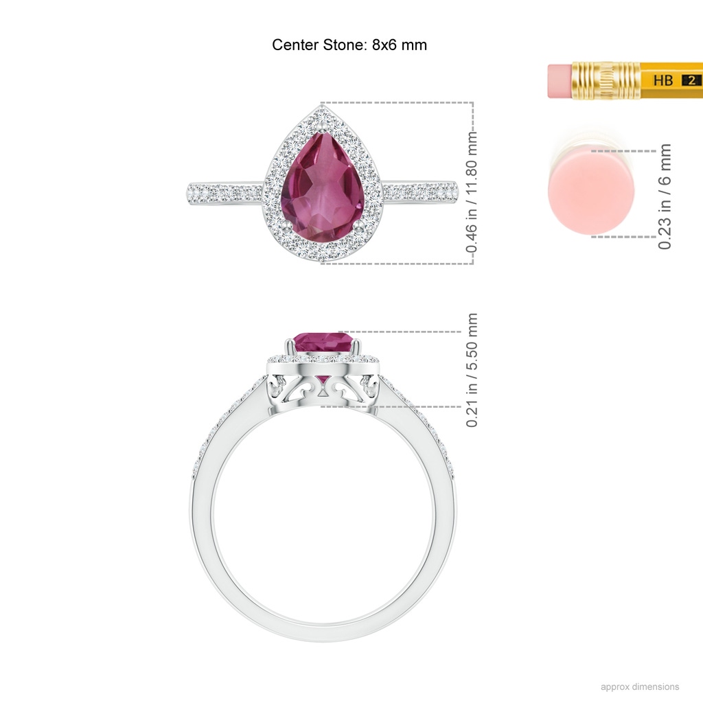 8x6mm AAAA Pear Pink Tourmaline Ring with Diamond Halo in P950 Platinum Ruler