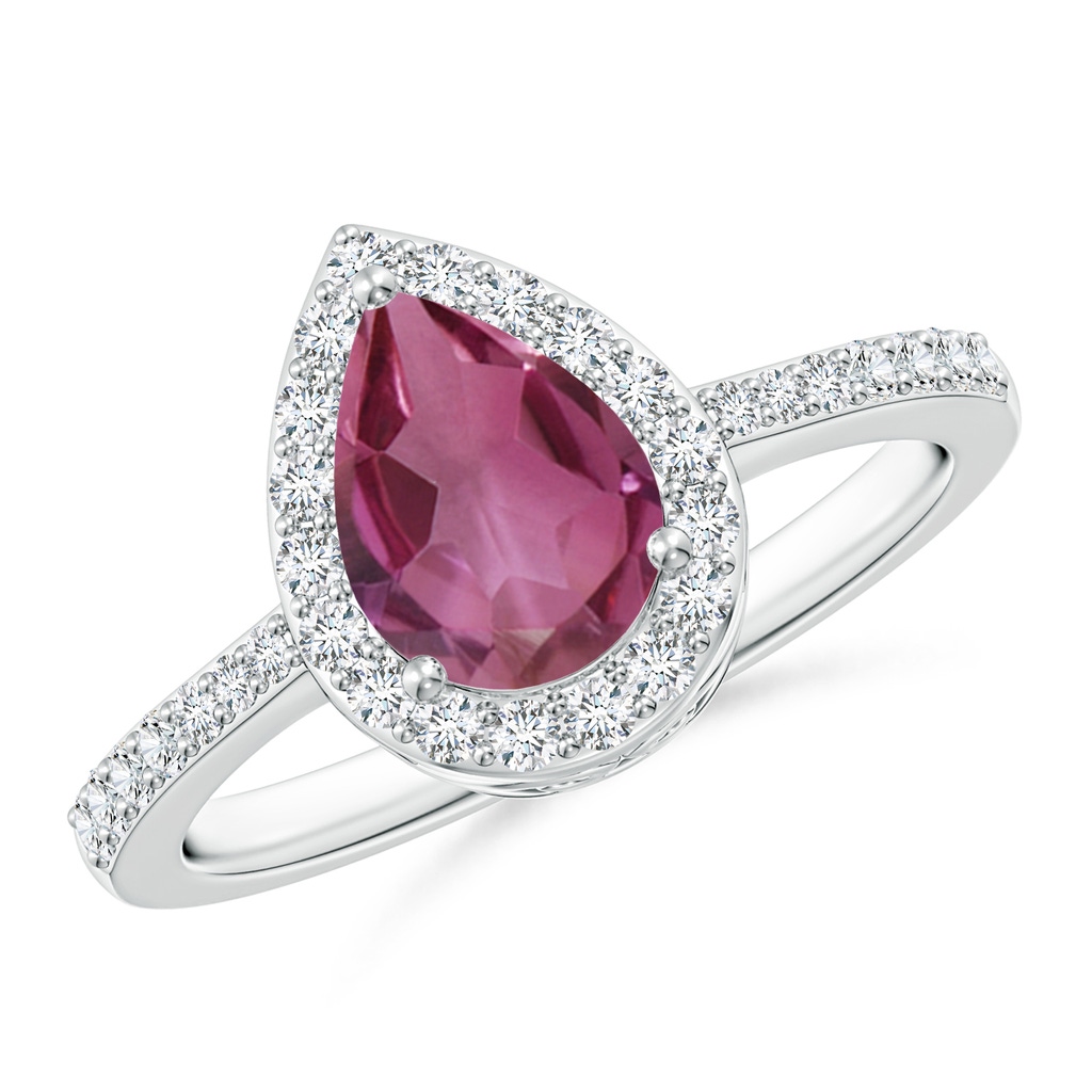 8x6mm AAAA Pear Pink Tourmaline Ring with Diamond Halo in White Gold