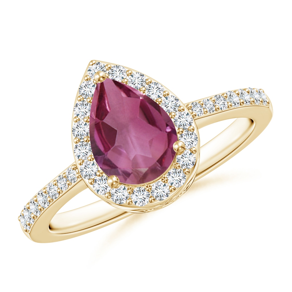 8x6mm AAAA Pear Pink Tourmaline Ring with Diamond Halo in Yellow Gold