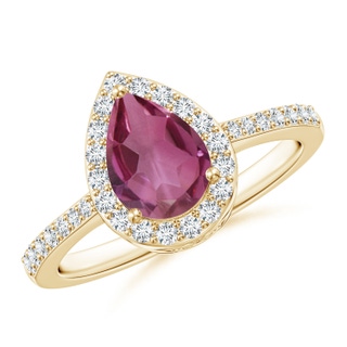 8x6mm AAAA Pear Pink Tourmaline Ring with Diamond Halo in Yellow Gold
