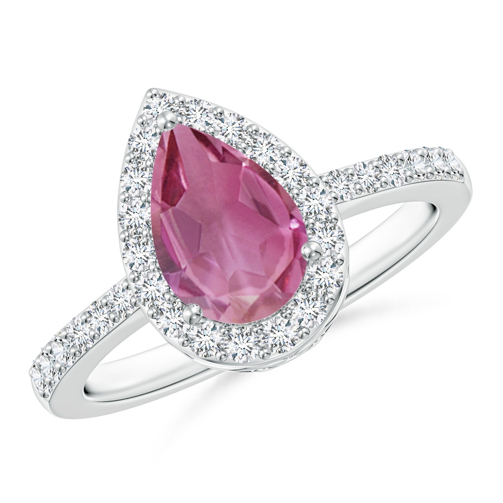 9x6mm AAA Pear Pink Tourmaline Ring with Diamond Halo in White Gold