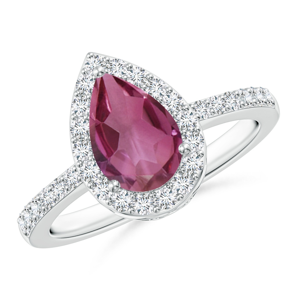 9x6mm AAAA Pear Pink Tourmaline Ring with Diamond Halo in P950 Platinum