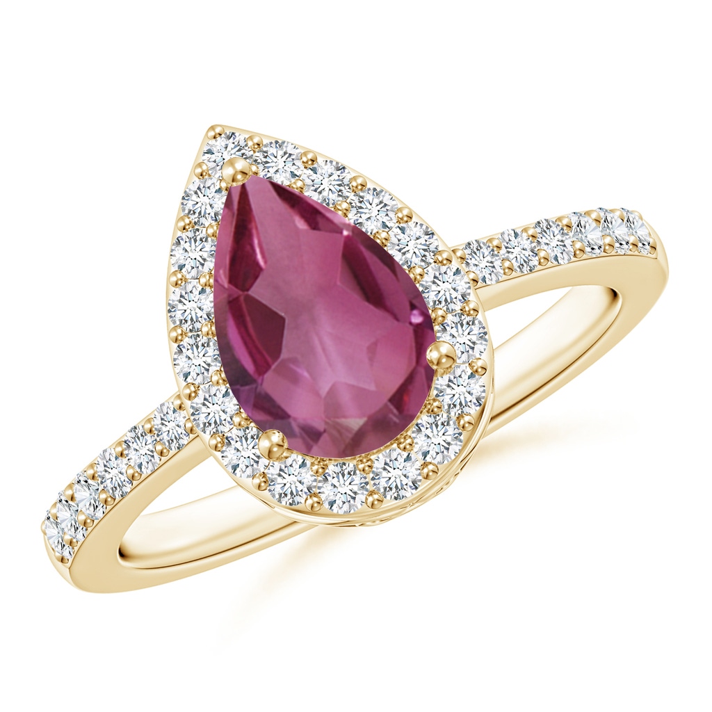 9x6mm AAAA Pear Pink Tourmaline Ring with Diamond Halo in Yellow Gold