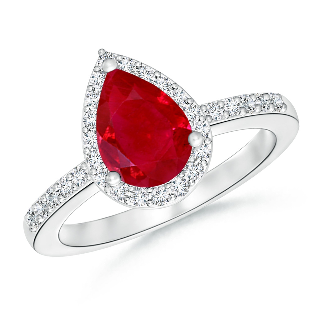 9x6mm AAA Pear Ruby Ring with Diamond Halo in White Gold 