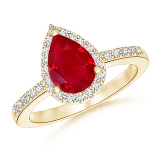 9x6mm AAA Pear Ruby Ring with Diamond Halo in Yellow Gold