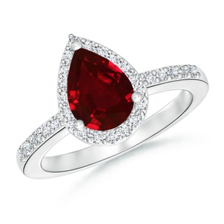 9x6mm AAAA Pear Ruby Ring with Diamond Halo in 9K White Gold