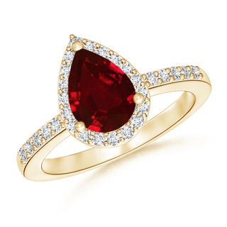 9x6mm AAAA Pear Ruby Ring with Diamond Halo in 9K Yellow Gold