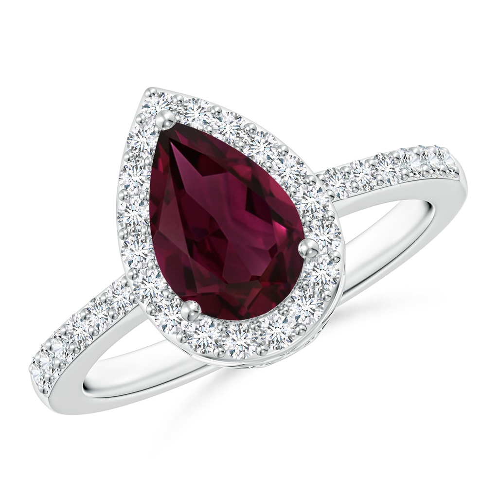 9x6mm AAA Pear Rhodolite Ring with Diamond Halo in White Gold