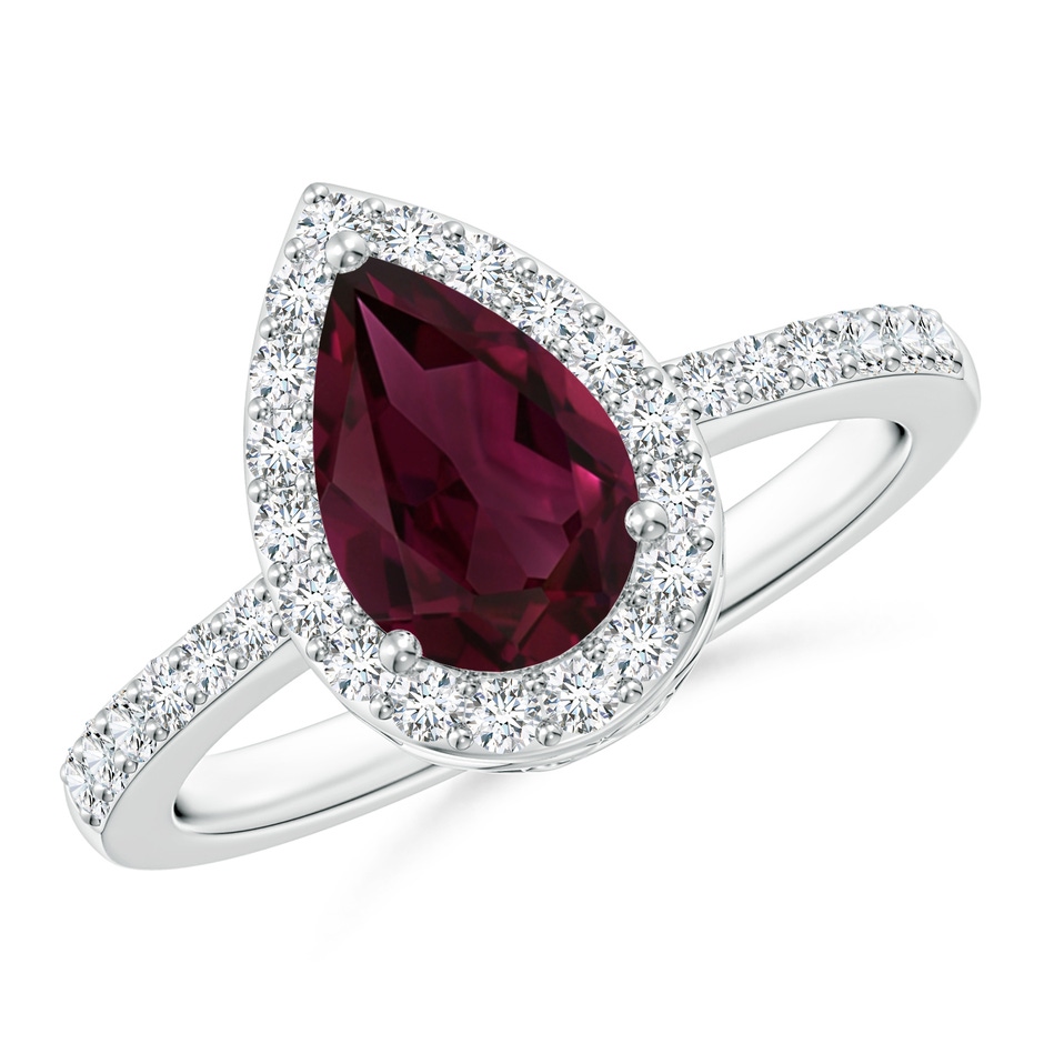 9x6mm AAA Pear Rhodolite Ring with Diamond Halo in White Gold 