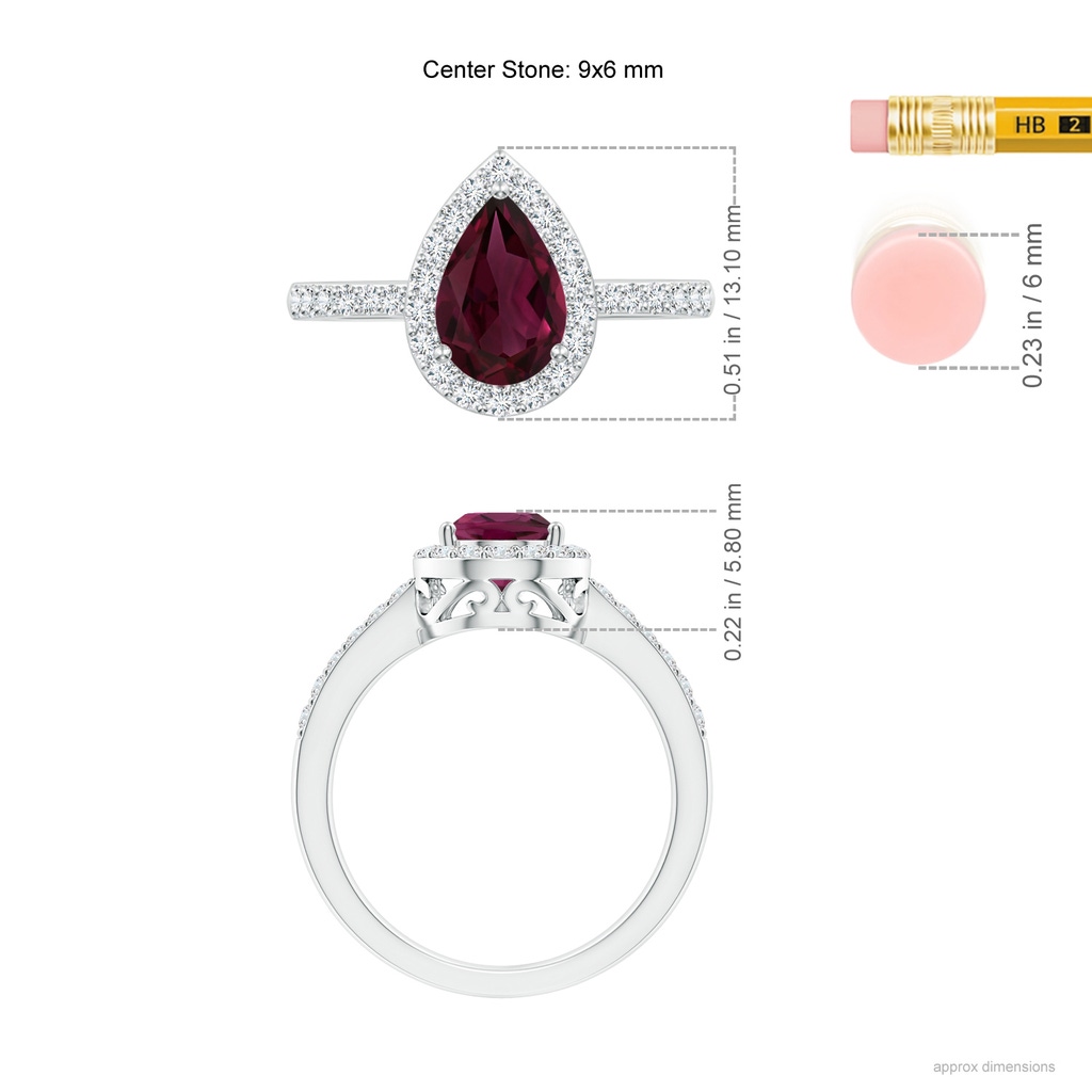 9x6mm AAA Pear Rhodolite Ring with Diamond Halo in White Gold ruler