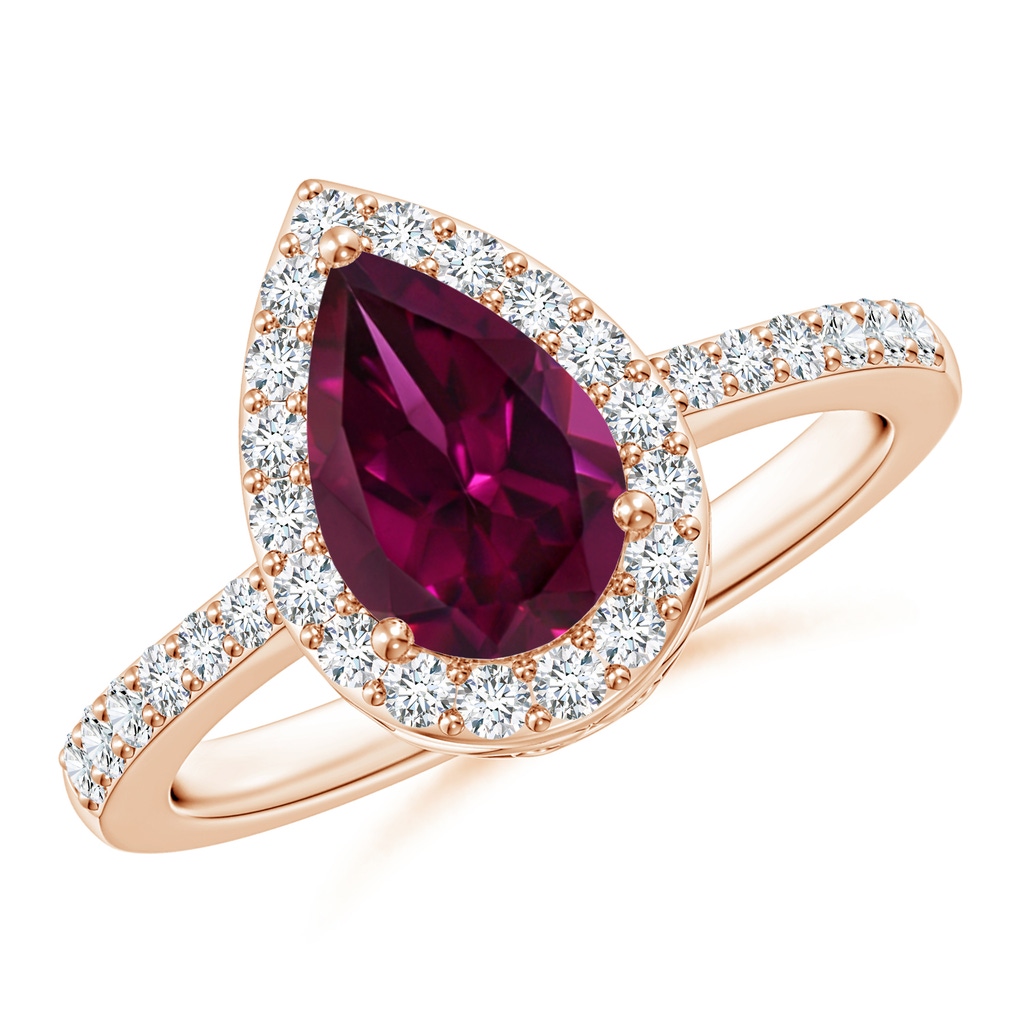 9x6mm AAAA Pear Rhodolite Ring with Diamond Halo in Rose Gold