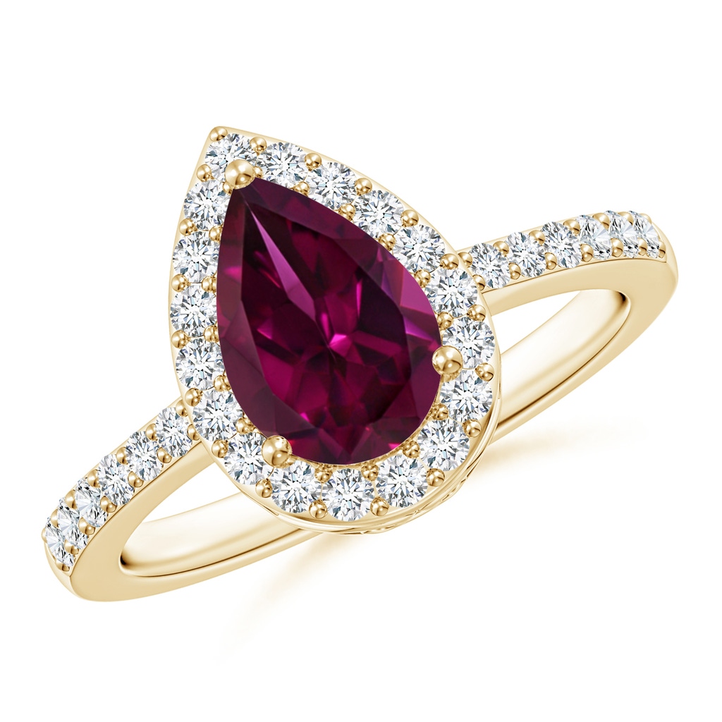 9x6mm AAAA Pear Rhodolite Ring with Diamond Halo in Yellow Gold