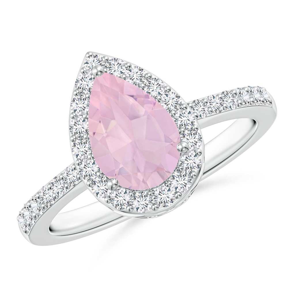 9x6mm AAA Pear Rose Quartz Ring with Diamond Halo in White Gold