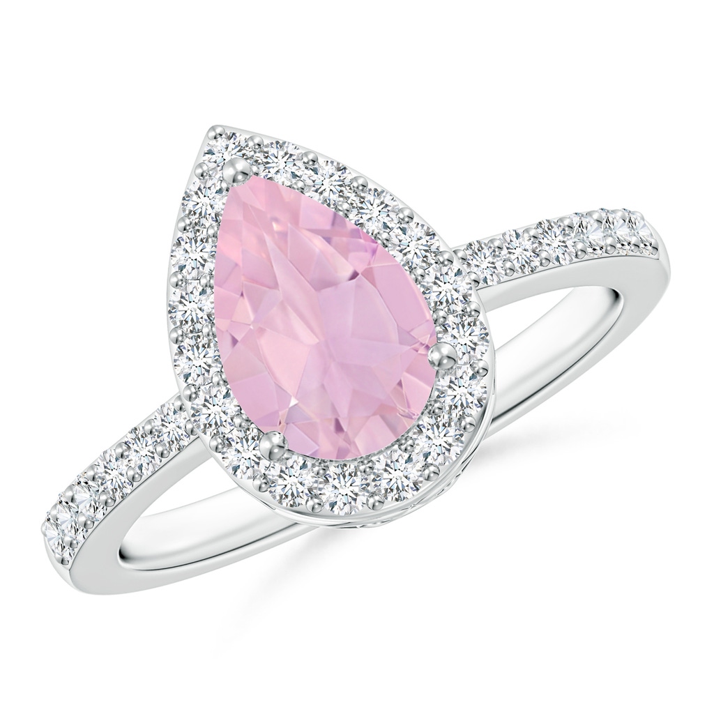 9x6mm AAAA Pear Rose Quartz Ring with Diamond Halo in P950 Platinum