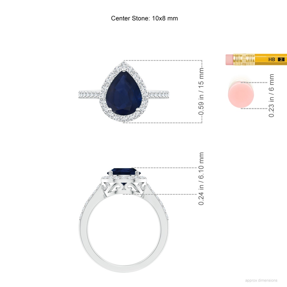 10x8mm A Pear Sapphire Ring with Diamond Halo in White Gold ruler