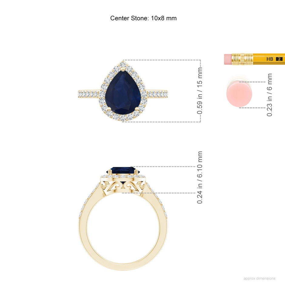 10x8mm A Pear Sapphire Ring with Diamond Halo in Yellow Gold ruler